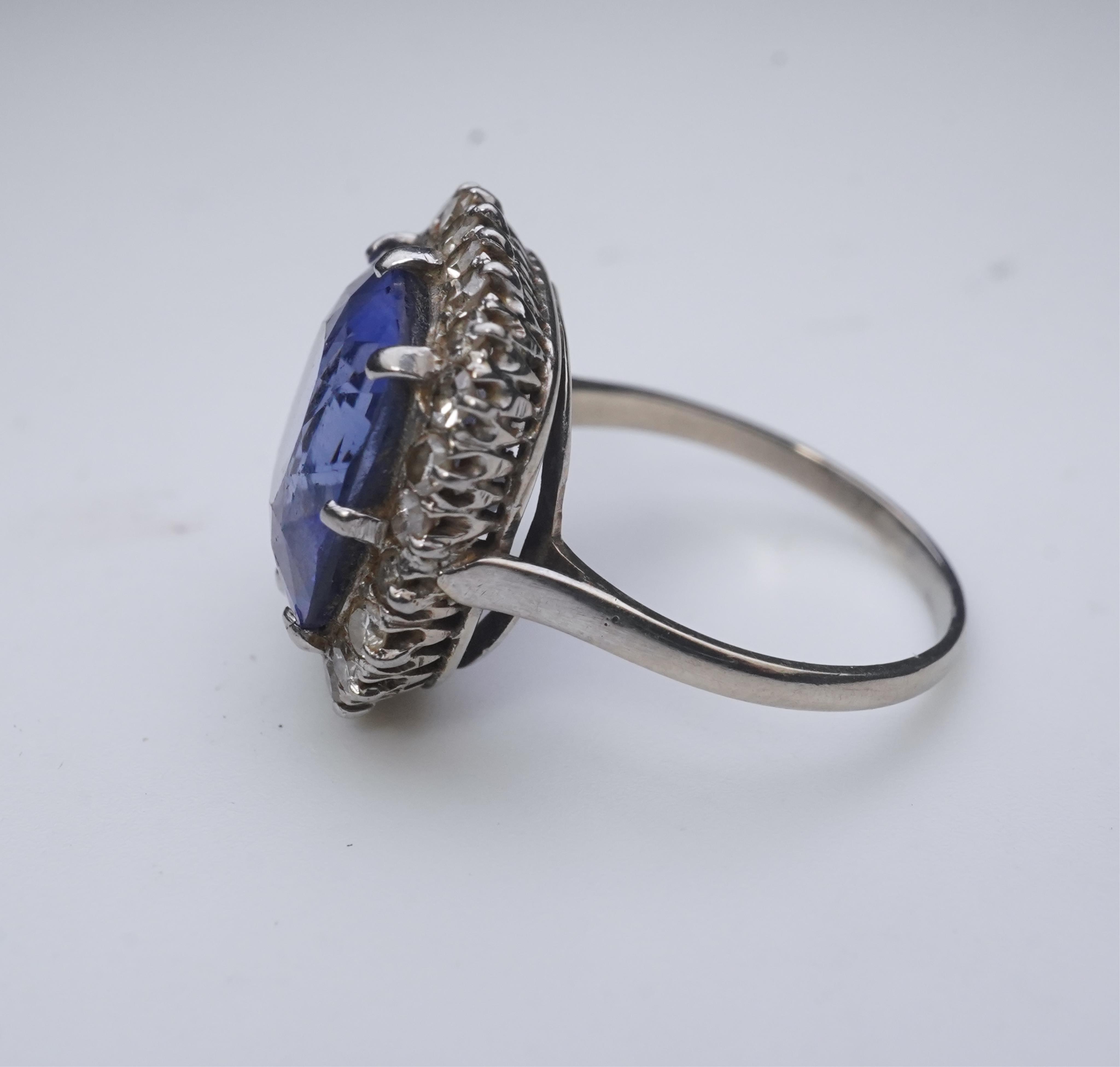 A synthetic sapphire and diamond cluster ring, early 20th century